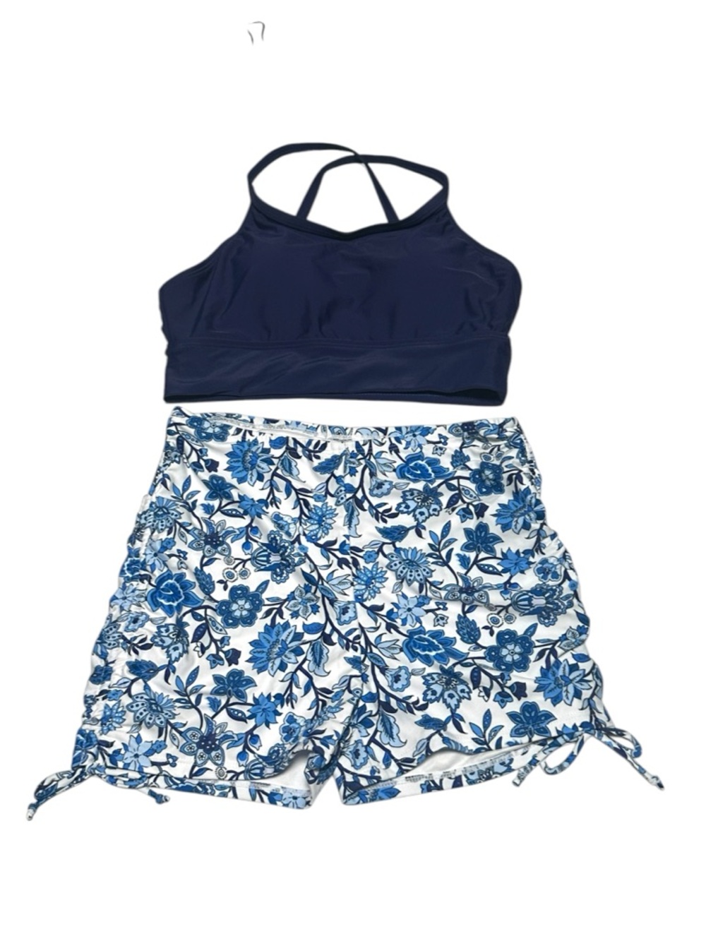 NWOT, Navy Cropped Tankini Top‎ & Blue Floral Swim Shorts Set.